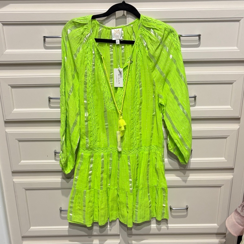 Milly Neon Lime Sheer Swim Coverup with Silver Stripes